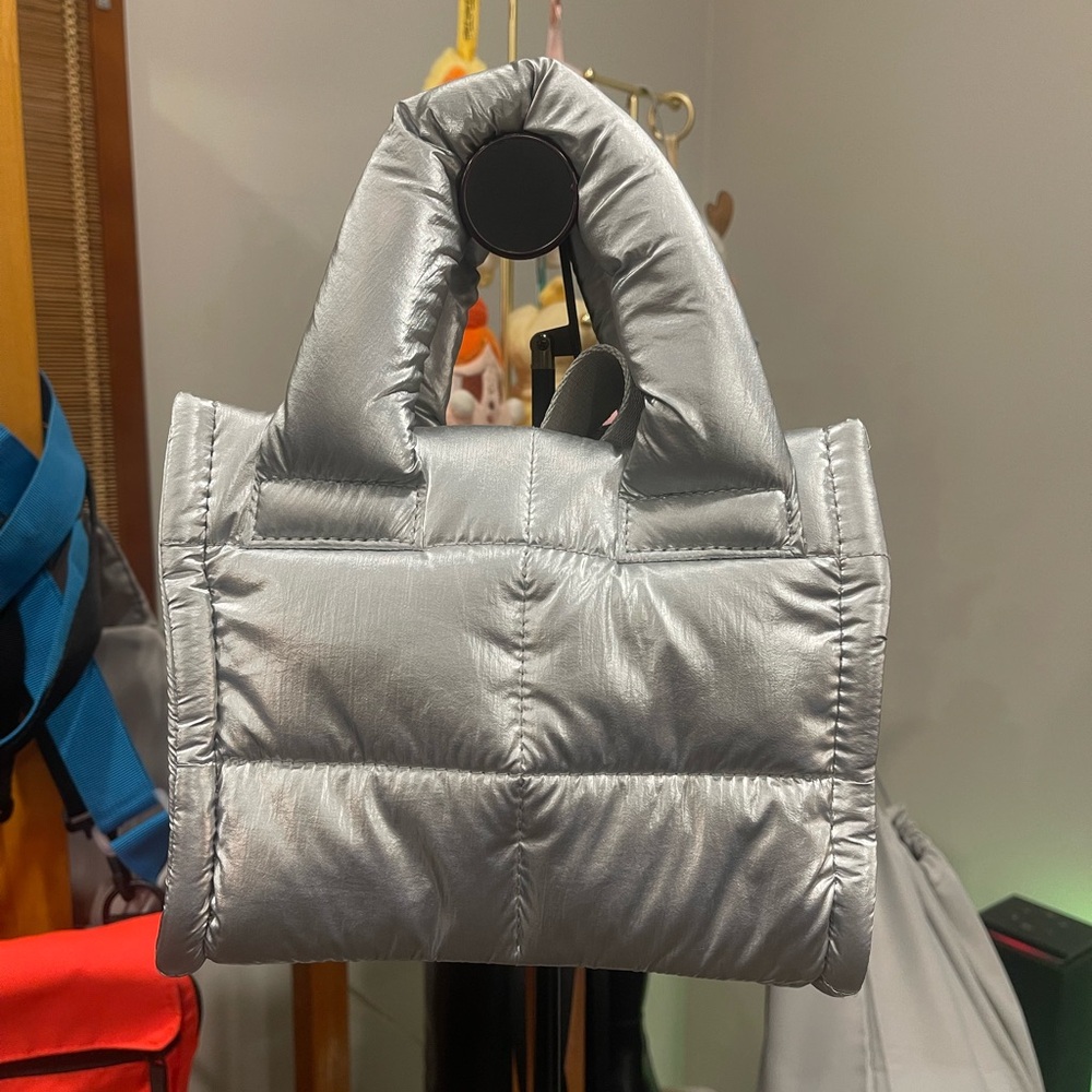 Silver Quilted Puffer Tote Bag - Women's Handbag - Picture 2 of 5